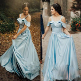 Satin Light Blue Prom Gowns with Folded Neckline Sweetheart Long Prom Dresses JS485