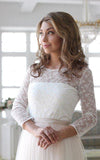 Scoop Neck Long Sleeve Tulle Wedding Dress With Lace Bodice V Back Wedding Gowns JS512