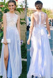See Through Side Slit Pale Blue Lace Chiffon Scoop Party Dresses Prom Dresses JS375