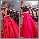 Charming Red And Black Two Pieces Lace Floor Length Prom Dresses Evening Dresses JS136