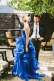 High Low Royal Blue Organza Prom Gowns Strapless Evening Dresses For Teens Brides JS158