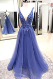 Sexy A Line Deep V Neck Sleeveless Lace Tulle Long Prom Dresses Evening Dresses JS872