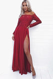 Sexy A Line Off the Shoulder Long Sleeve Dark Red Prom Dress with Lace High Split JS759