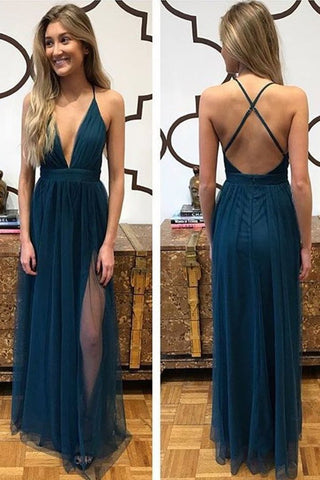 Sexy A Line Spaghetti Straps Blue Tulle Prom Dress with Split Criss Cross Evening Dresses JS910