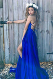 Sexy A line Blue Prom Dresses with High Slit Criss Cross Sleeveless Evening Dresses JS732