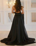 Sexy Deep V-Neck Black Prom Dresses With Beading High Slit Backless Formal Dresses JS463