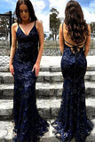 Sexy Mermaid Spaghetti Straps Lace Backless Navy Blue Prom Dress Long Evening Dresses P1099