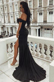 A Line Off the Shoulder Black Evening Dresses Mermaid Prom Dresses With Side Slit