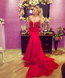 Sexy Red Mermaid Sweetheart Prom Dresses Satin Strapless Long Party Dresses P1072