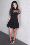 Sexy Short Sleeve Black High Neck Homecoming Dresses Short Prom Dresses with Chiffon H1092