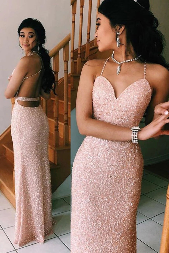 Sexy Spaghetti Straps V Neck Pink Prom Dresses Backless Evening Gowns
