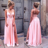 Sexy V Neck Prom Dresses Spaghetti Straps Ruffles Floor Length Party Dresses With Slit