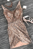 Sexy V Neck Sheath Sequins Straps Rose Gold Homecoming Dresses Cocktail Dresses H1280