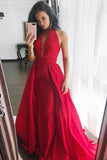 Sheath Halter Sweep Train Pleated Red Satin Prom Dress Sleeveless V Neck Party Dress JS482