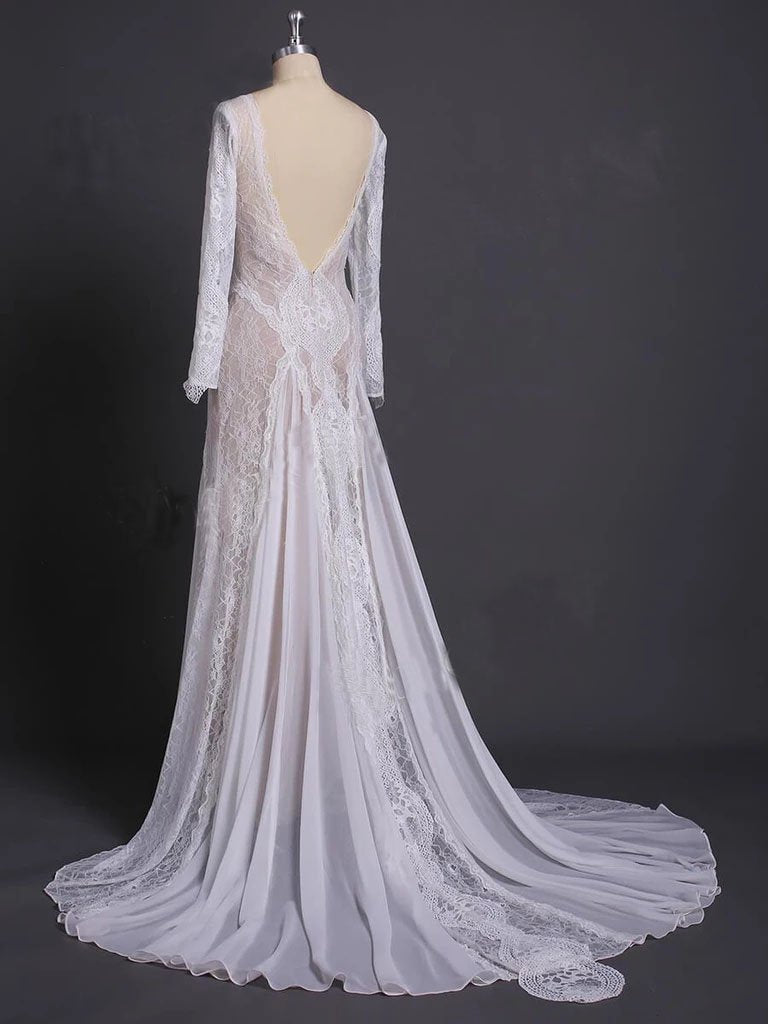 Buy Sheath Long Sleeve Ivory Lace Wedding Dresses See Through Backless ...