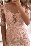 Sheath Pink Lace Appliques Beads Homecoming Dresses with Half Sleeve Prom Dresses JS833