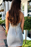 Sheath Spaghetti Straps Silver Sleeveless Short Homecoming Dress V Neck Prom Dresses H1288