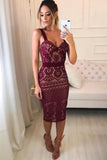Sheath Spaghetti Straps V Neck Burgundy Knee Length Homecoming Dresses Prom Dress
