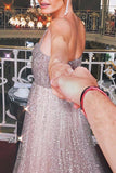 Shiny A Line Sequin Straps Sleeveless Prom Dresses Backless Sleeveless Formal Dress JS477