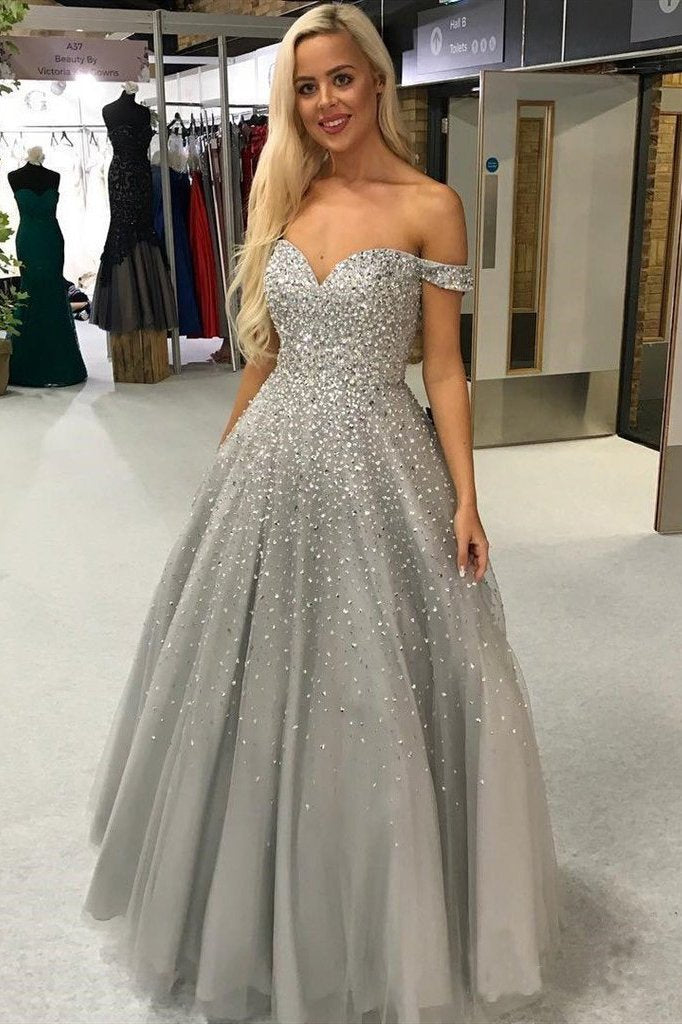 Shiny Ball Gown Off the Shoulder Sweetheart Silver Beaded Tulle Prom Dresses PW981