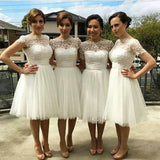 Simple A-line Bateau Knee-Length White Bridesmaid Dresses with Appliques JS480