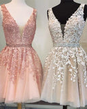 Short V Neck Beaded Ivory Tulle Prom Dresses Homecoming Dresses Lace Embroidery JS754
