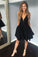 Short V Neck Jacquard Black Homecoming Dresses With Pocket Short Prom Dresses H1057