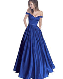 Simple A Line Off the Shoulder Blue Long Sweetheart Prom Dress With Pockets