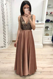 Simple A Line Long V Neck Brown Prom Dresses With Beads Cheap Party Dresses JS900