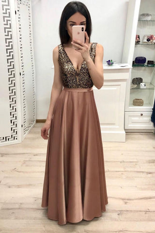 Simple A Line Long V Neck Brown Prom Dresses With Beads Cheap Party Dresses JS900