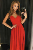 Simple A Line Red Spaghetti Straps V Neck Backless Prom Dresses Long Party Dresses JS705