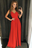 Simple A Line Red Spaghetti Straps V Neck Backless Prom Dresses Long Party Dresses JS705