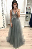 Simple A Line V Neck Prom Dress with Beading and Sequins Long Party Dress JS892