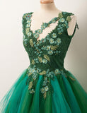 Simple A Line V Neck Short Green Tulle Homecoming Dress With Appliques Beading H1000
