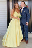 Elegant Yellow Spaghetti Straps A Line Satin V Neck Prom Dresses With Beads Pockets