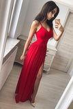 Simple A line Red Spaghetti Straps Chiffon Prom Dresses V Neck Side Slit Evening Dress JS537