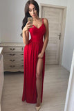 Simple A line Red Spaghetti Straps Chiffon Prom Dresses V Neck Side Slit Evening Dress JS537