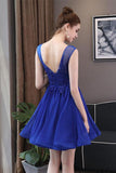 Simple Blue Tulle Backless Homecoming Dresses with Lace Graduation Dresses JS822