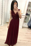 Simple Burgundy Chiffon V Neck Lace Appliques Prom Dresses Long Cheap Prom Gowns JS896