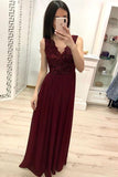 Simple Burgundy Chiffon V Neck Lace Appliques Prom Dresses Long Cheap Prom Gowns JS896