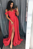 Simple Cold Shoulder Red Satin Straps Prom Dresses A Line with Split Evening Dresses JS668
