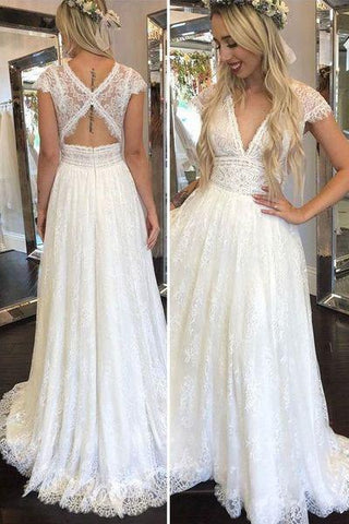 Simple Deep V Neck Lace Appliques Open Back Ivory Wedding Dresses Bridal Gowns JS888