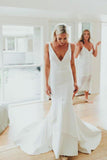 Simple Deep V Neck Sweep Train Mermaid Satin Wedding Dress Long Bridal Gowns JS996