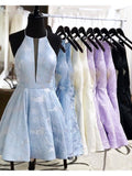 Simple Lilac Jacquard Floral Homecoming Dresses with Pocket Halter Graduation Dresses JS949