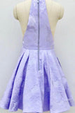 Simple Lilac Jacquard Floral Homecoming Dresses with Pocket Halter Graduation Dresses JS949