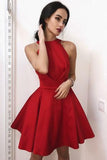 Simple Red Halter Satin Homecoming Dresses Above Knee Sleeveless Cocktail Dresses H1069