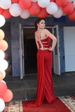 Simple Red Mermaid High Neck Prom Dresses Chiffon Open Back Evening Dresses JS542