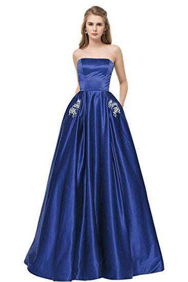Simple Royal Blue Satin Strapless Beads Lace up Floor Length Prom Dresses with Pockets P1035