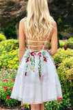 Simple Short Lace White Homecoming Dress with Appliques V Neck Short Prom Dress JS735