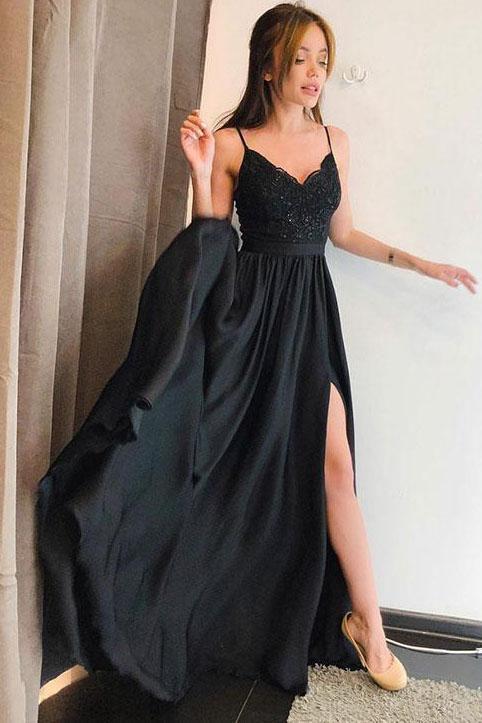 Simple Spaghetti Straps V Neck Lace Black Prom Dresses Side Slit Evening Dresses JS737